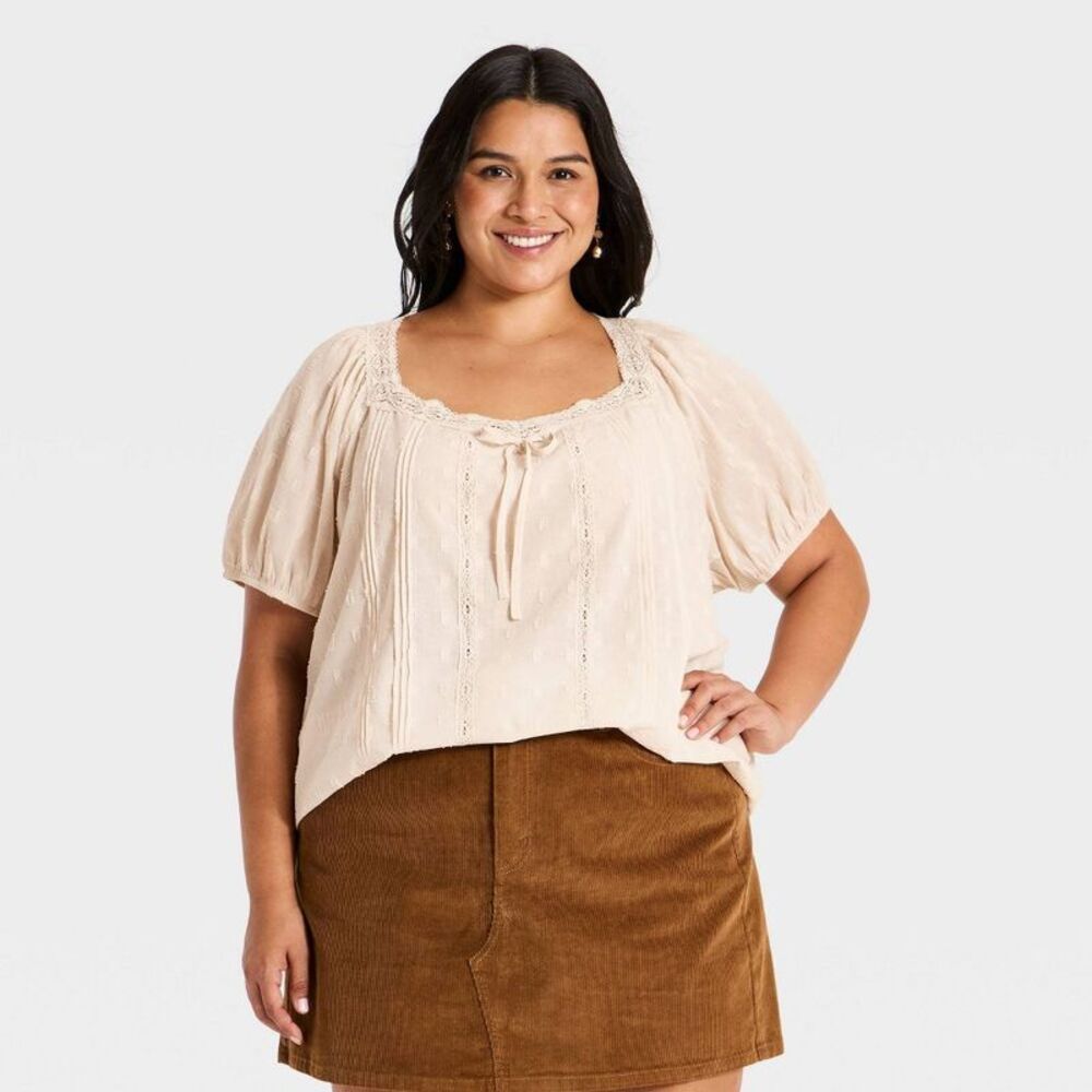 Women's Plus Short Puff Sleeve V Neck Front Tie Lace Trim Top -  Cream XXL